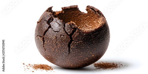Cracked chocolate truffle with a broken top revealing its rich interior and dusted cocoa powder on a white background