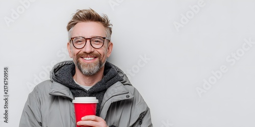 Smiling mature man with glasses holding a red takeaway coffee cup