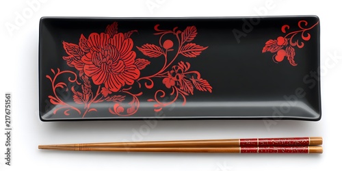 Elegant black rectangular plate decorated with red floral ornament and wooden chopsticks on white background