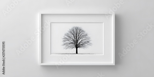 Framed black and white photograph of a bare winter tree with intricate leafless branches on a white wall