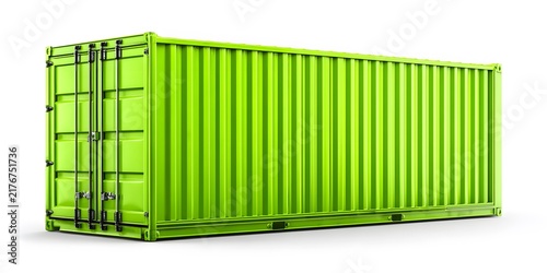 Bright green shipping cargo container with corrugated metal sides isolated on a white background