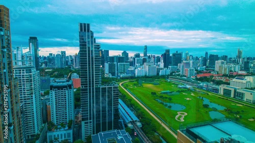 Bangkok Morning. Cityscape Timelapse from Night to Day. Twilight from dark to bright. Overlooking the Pathum Wan district of Ratchaprasong, a place of high end residential and commercial area.