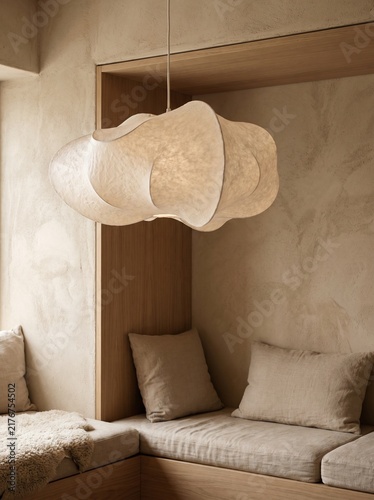 Modern Minimalist Interior Design with Organic Cloud Pendant Lamp, Beige Textured Walls, Cozy Built-in Seating Nook, Soft Warm Lighting, Japandi Style Living Room Decor for Luxury Home Architecture