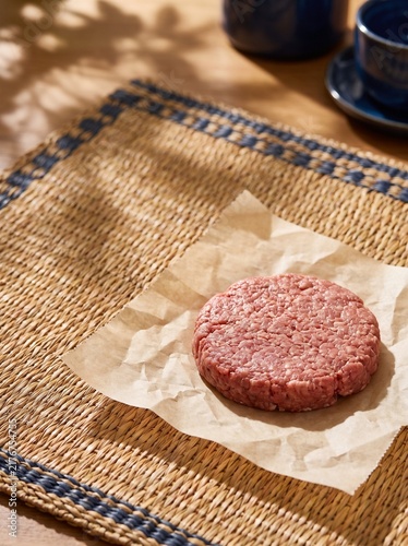Raw Beef Burger Patty on Parchment Paper over Woven Straw Placemat, High Angle View, Natural Sunlight with Leaf Shadows, Concept for Home Cooking, Fresh Meat Preparation, Culinary Food Photography