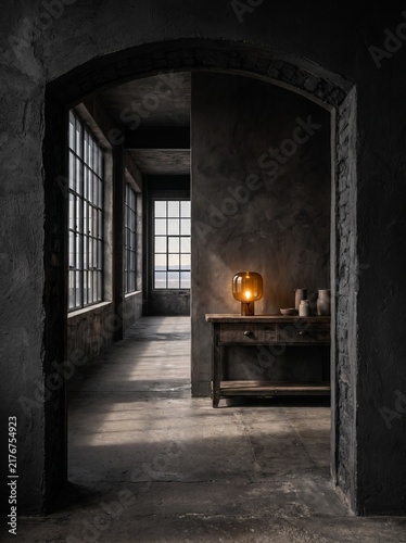 Moody Industrial Loft Interior with Amber Glass Table Lamp on Rustic Wooden Console Table, Dark Concrete Walls, Large Grid Windows, Atmospheric Architectural Photography for Luxury Home Decor Design