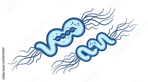 Cute blue cartoon bacteria characters on white background