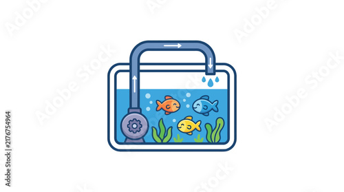 Cartoon aquarium with swimming goldfish and water filter system.