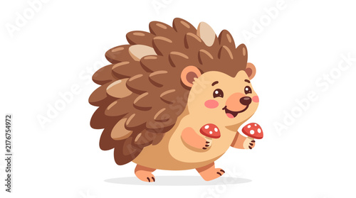 Sweet cartoon hedgehog holding small red forest mushrooms.