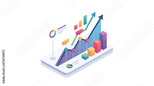 Isometric 3D bar graph and line chart visualization