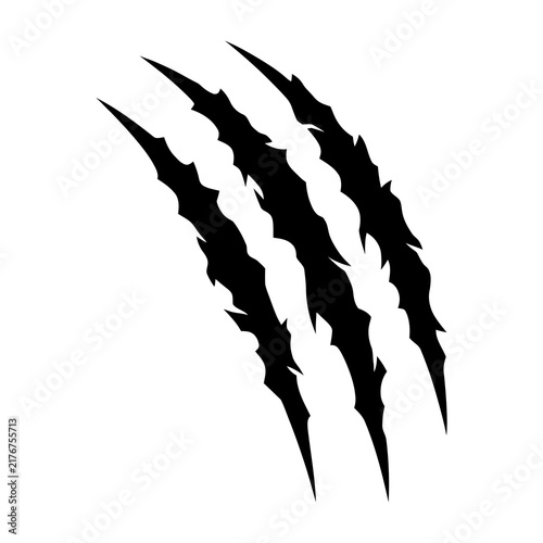 Fotografie Black claw marks on white background, sharp feline scratches, animal attack symb