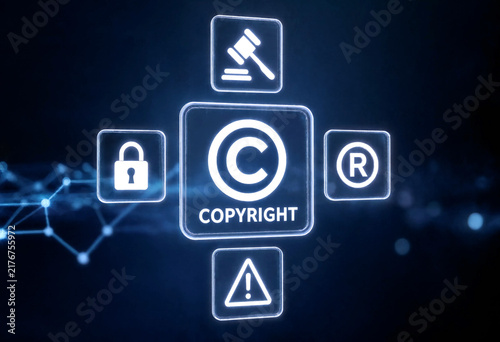 Digital copyright protection concept with symbols and icons representing legal security and intellectual property rights