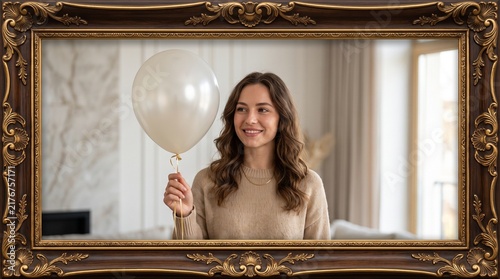 Vintage ornate gold frame with smiling woman holding white balloon, classic portrait in antique wooden border, elegant celebration concept