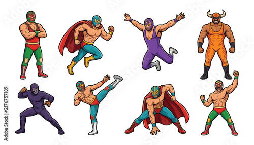 Vector Illustration Collection of Mexican Lucha Libre Wrestlers in Action Poses Wearing Colorful Costumes and Iconic Luchador Masks