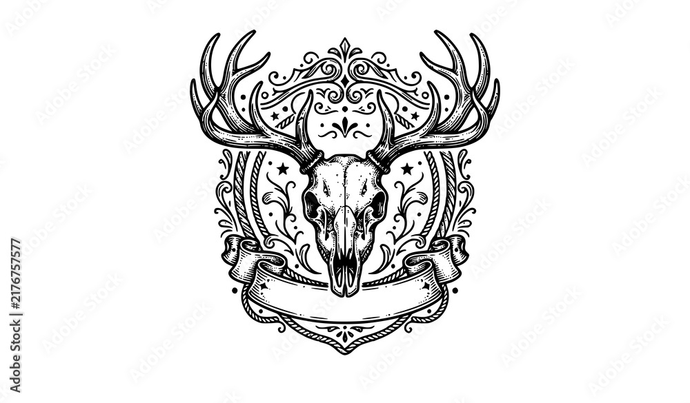 Fototapeta premium Vintage deer skull and antler ranch emblem vector design