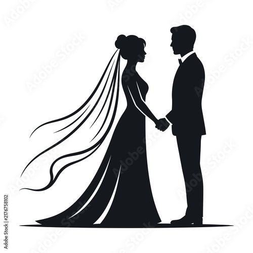 Bild auf Leinwand Silhouette of Bride and Groom Holding Hands, Romantic Wedding Couple Silhouette,
