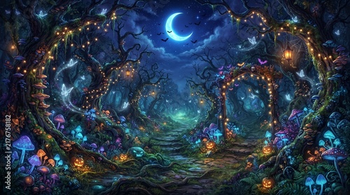 A magical forest background with glowing mushrooms, twisted trees, fairy lights, ghost butterflies, and crescent moon, enchanted Halloween night, 8k.