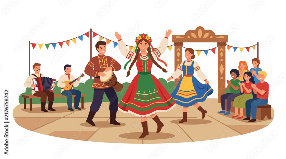 Fototapeta premium Traditional Folk Dance Festival with Musicians and Audience