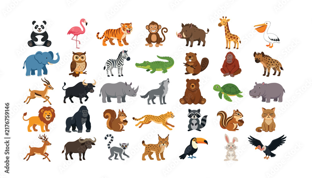Fototapeta premium Mega wild animal vector bundle featuring cute cartoon jungle forest safari and desert creatures for educational sticker kids design