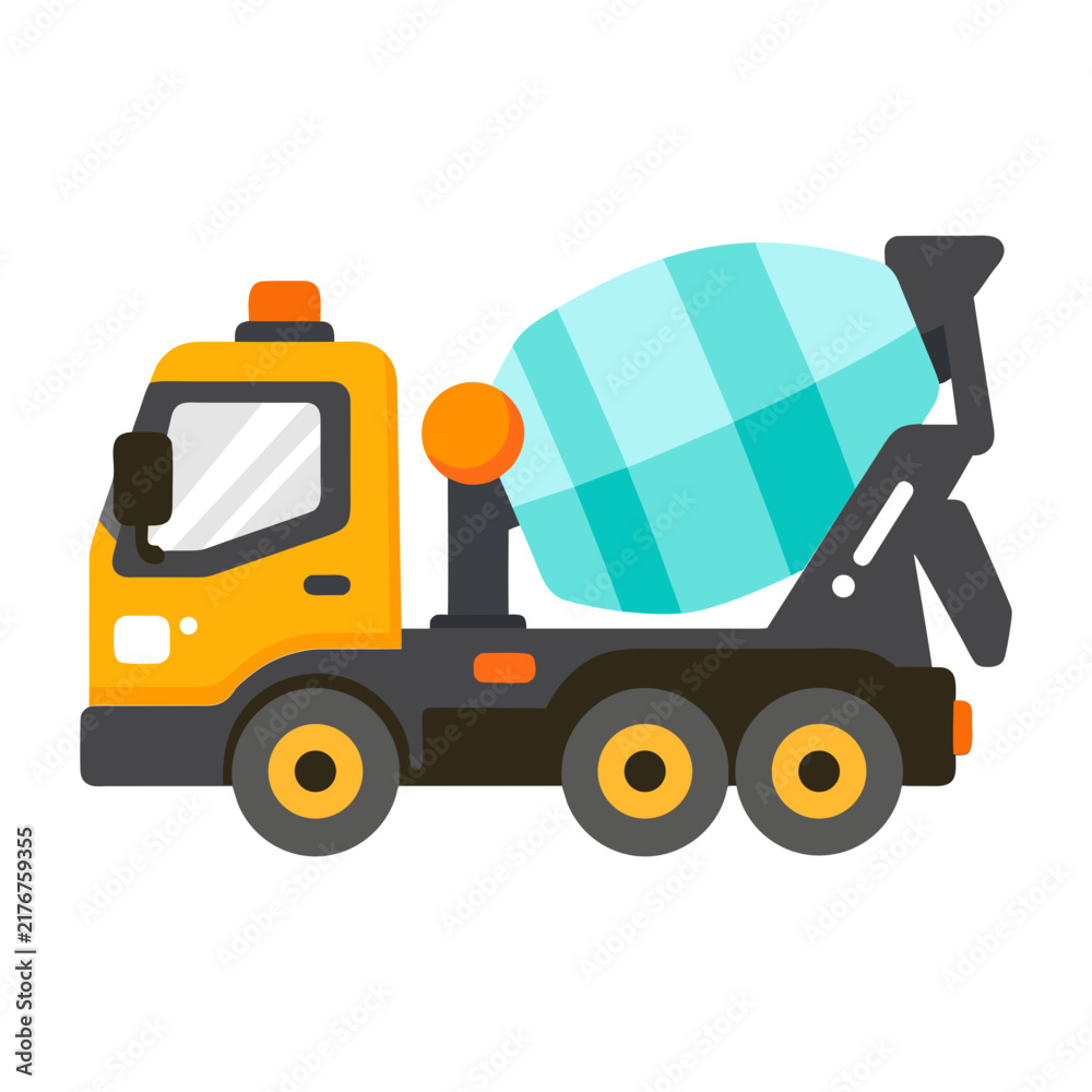 Fototapeta premium A flat icon of a concrete mixer truck, illustrated in orange, gray, black, and white with simple geometric shapes and clean details on a white background.