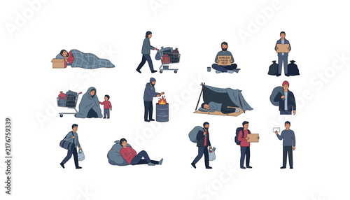 Bild auf Leinwand Set of homeless people in various situations begging for help and sleeping on st