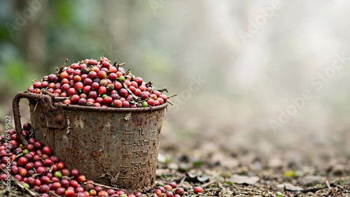 Obraz na płótnie A rustic bucket overflows with freshly harvested red coffee cherries, resting on the soil amidst a verdant plantation. The soft, hazy light in the background suggests a tranquil morning harvest.