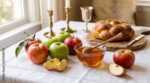 Traditional Rosh Hashanah holiday table setup featuring fresh sliced apples, sweet honey in a glass bowl, and round challah bread on wooden board.