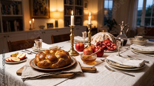 Warm Rosh Hashanah festive dinner table arrangement with lit brass candles, challah bread, apples, honey bowl, and pomegranate slices in cozy interior.