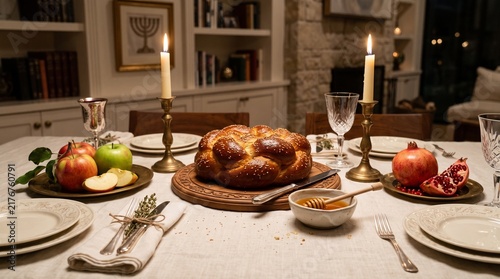 Traditional Rosh Hashanah holiday dinner table setting featuring braided round challah bread on wooden board, lit brass candles, red apples, pomegranate, and sweet honey bowl in warm rustic dining roo