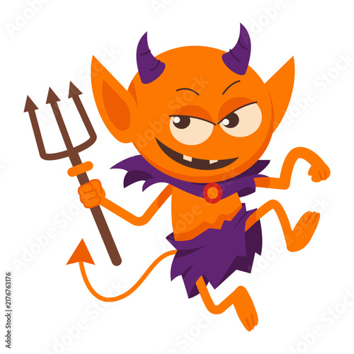 Bild auf Leinwand A small orange devil runs with a pitchfork, pointed horns, tail, and mischievous grin, wearing purple shorts as a playful Halloween character
