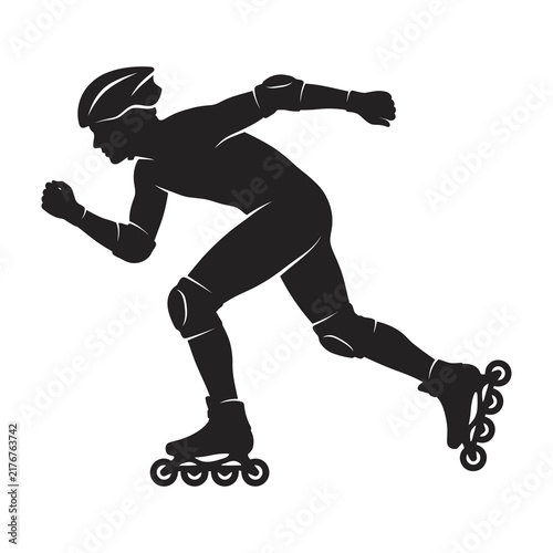 Inline skater in motion wearing protective gear and helmet