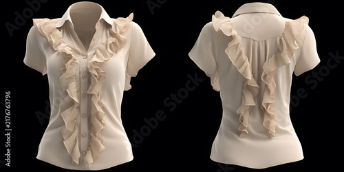 Elegant cream blouse with ruffled trim displayed from front and back views on black background