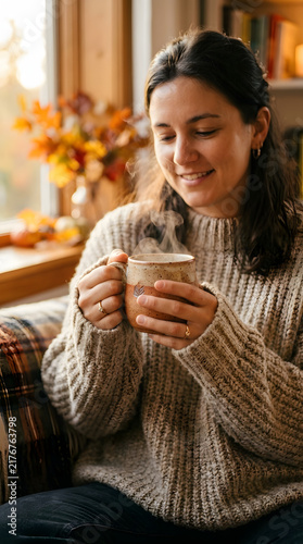 Close Up Hands Holding Warm Steaming Mug in Cozy Sweater Autumn Scene
