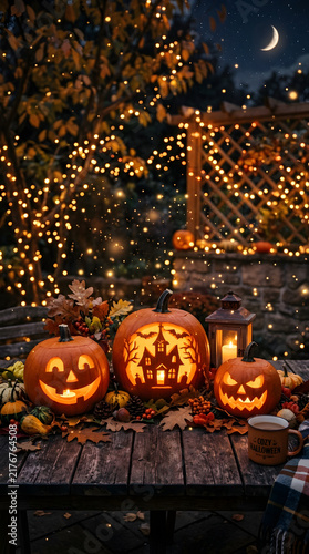 Halloween Carved Pumpkins Glowing on Wooden Table with Warm Bokeh Background