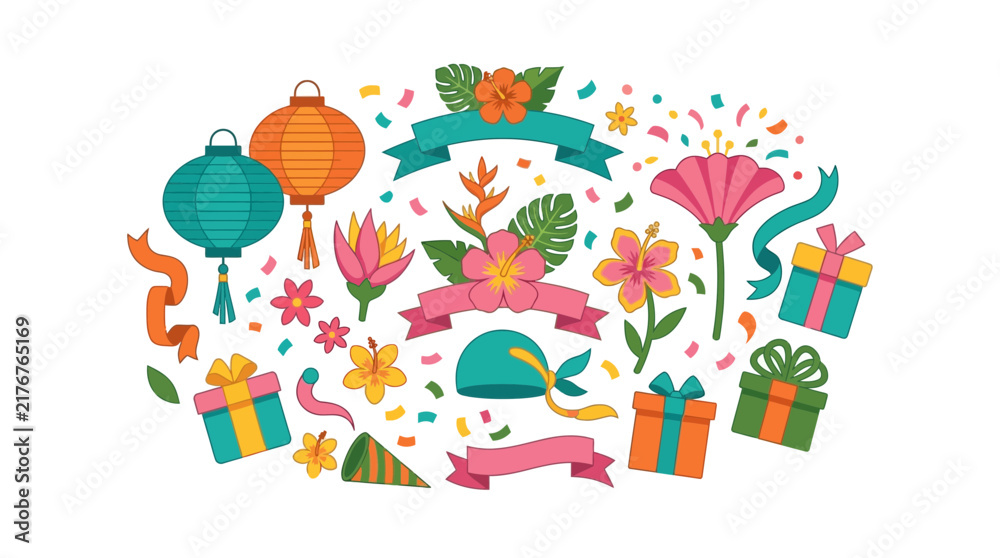 Fototapeta premium Vibrant Celebration Elements: Lanterns, Flowers, Gifts, Confetti & Ribbons