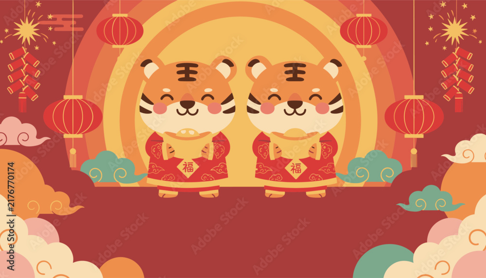 Fototapeta premium Two cute cartoon tigers wearing traditional red Chinese outfits wishing good fortune for lunar new year holiday.