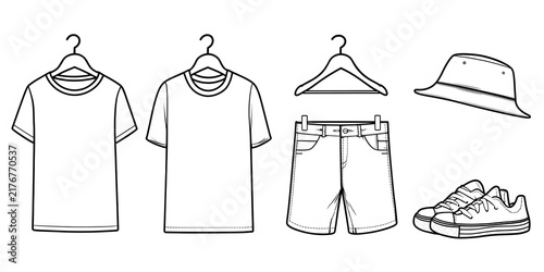 Outline drawings of casual summer clothing including shirts, shorts, bucket hat and sneakers on white background