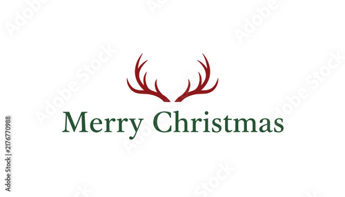 Red deer antlers above green merry christmas text over a clean white background for holiday greeting card designs.