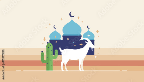 White sacrificial goat standing in front of a beautiful blue mosque under a starry crescent moon for Eid festival.