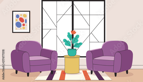 Modern living room interior featuring two cozy purple armchairs and a green potted plant on a yellow side table.