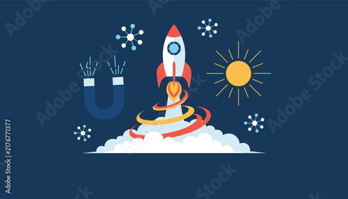 Educational science concept showing a powerful rocket launching into space surrounded by magnet and solar icons.