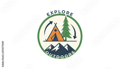 Circular outdoor adventure badge featuring orange camping tent and green pine tree with dark majestic mountains.