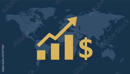 Global financial growth business illustration featuring a gold bar chart and rising arrow over a dark blue world map.