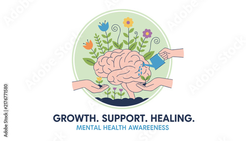 Compassionate mental health awareness concept featuring hands nurturing and watering a brain filled with flowers.