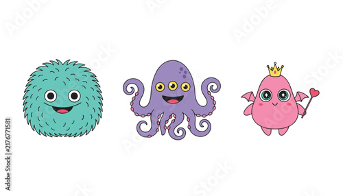 Three adorable cute fantasy monster characters of different shapes and bright colors over a clean white background.