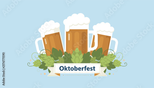 Three large glass mugs of foaming fresh draft beer decorated with green hops branches for Oktoberfest celebration.