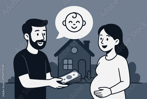 Caring husband giving stack of money cash to pregnant wife to support family and future child budget planning.