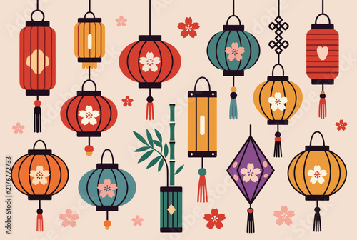 Traditional Chinese paper hanging lanterns of various shapes decorated with pink cherry blossom floral patterns.