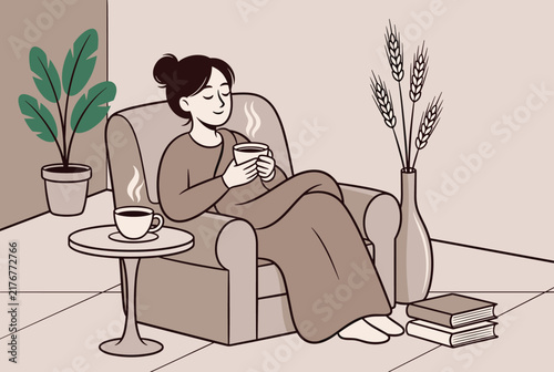 Young cozy woman relaxing in soft armchair while drinking hot coffee under a blanket in warm home living room.