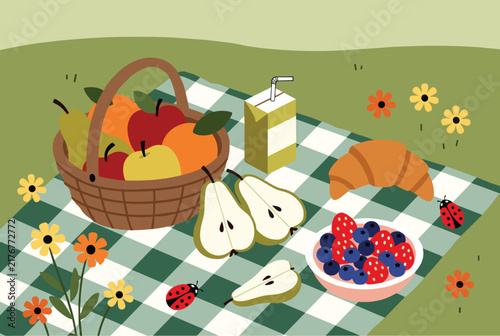 Summer garden picnic blanket with fresh fruits basket, organic juice box, croissant, and berry bowl on green grass.