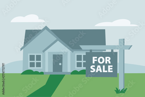Beautiful modern residential family house property with green front lawn yard and real estate sign reading for sale.